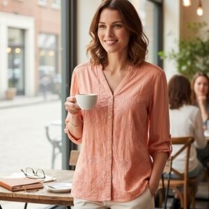 Democracy Peach Embroidered Button-Up Blouse Large